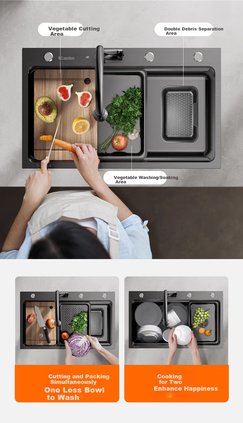 Canbo Large Single Sink, SUS304 Stainless Steel Kitchen Embossed Nano Faucet Set, Integrated Vegetable Washing Basi 10