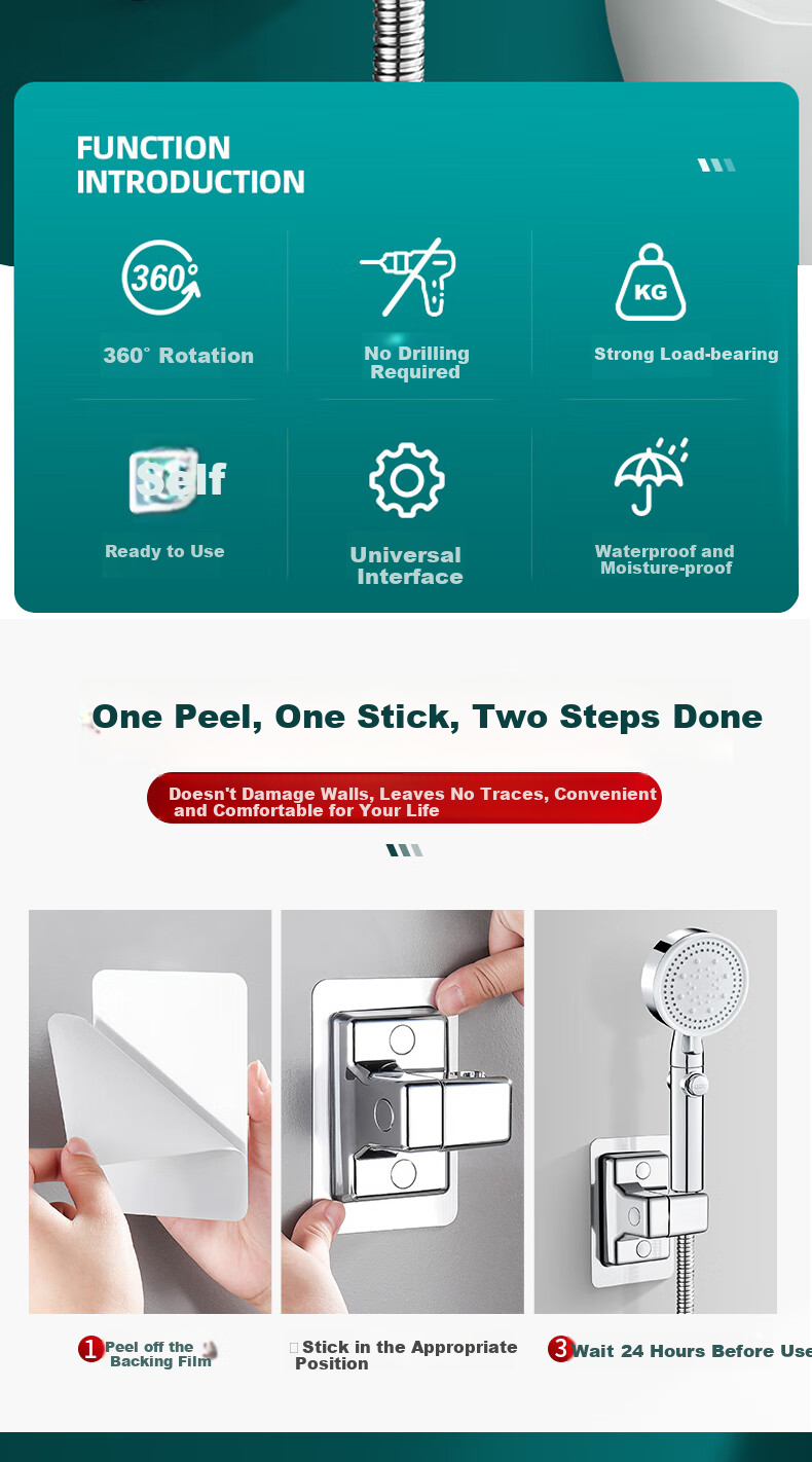 Jiashigao Rotatable Adjustable Adhesive Wall-Mounted ABS Shower Head Holder, No Drilling Required 1