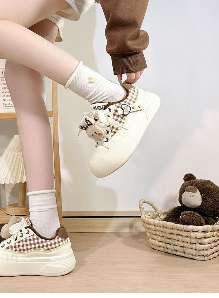 Renben Fleece-Lined Women's Cartoon White Shoes Winter New Cotton Shoes Thick Sole Casual Shoes Khaki Cotton Shoes Size 39 5