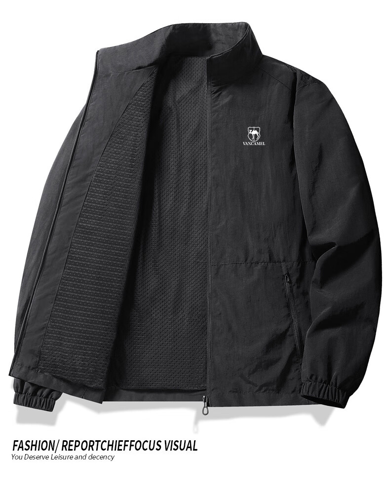 VANCAMEL Men's Jacket Spring Autumn Outdoor Casual Business Stand Collar Sports Loose Fit Mid-Young Coat Dark Gray 3XL 6