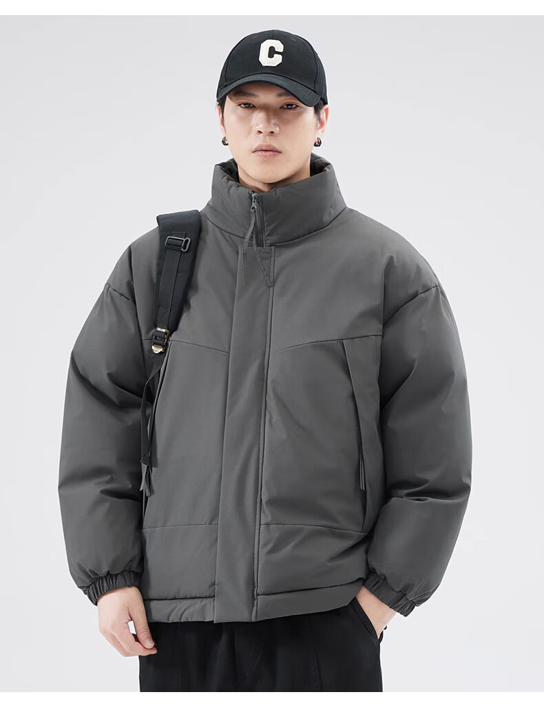 Cotton Casual Men's Winter Solid Color Stand Collar Cotton Jacket Warm Cotton Padded Coat Black 2XL 12
