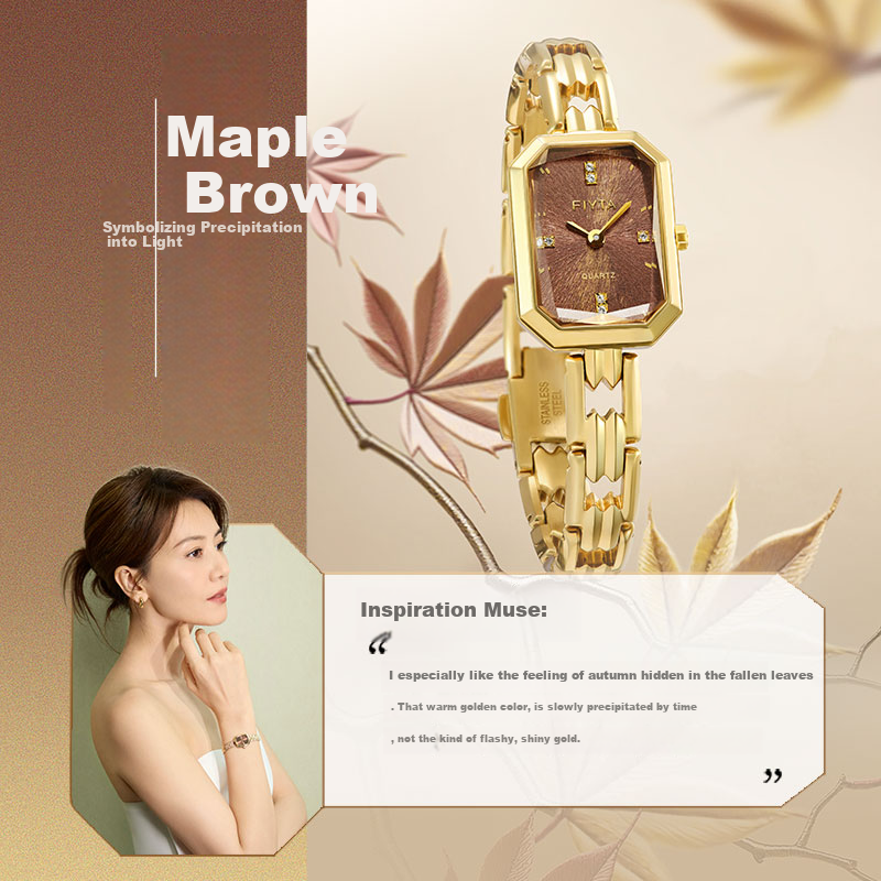 FIYTA Qingcheng Series, Dongfang Meiren Suzhou Embroidery Style Maple Leaf Brown Chinese-Style Watch for Women, Holiday Birthday Gift for Girlfriend