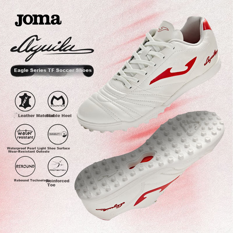 JOMA Kangaroo Leather Soccer Shoes for Men with TF Studs, Professional Competition Football Training Shoes for Adults And Youth, White And Red, Size 39