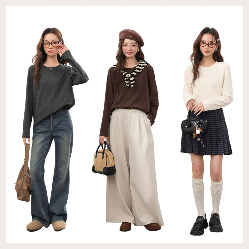 MJ STYLE Thin Fleece Lined Base Shirt for Women 2026 Autumn Winter New Plush Warm Antibacterial Loose Long Sleeve T-Shirt Top