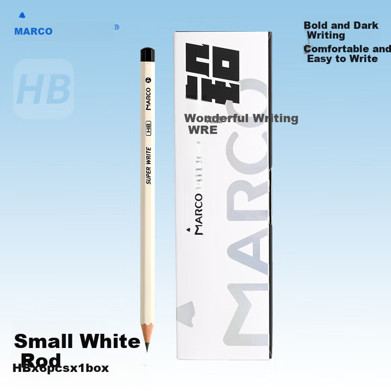 MARCO HB Pencil, Hexagonal Shaft, White Barrel, Natural Wood Material, for Student Exams, Art Sketching, Wooden Pencil, Pack of 6, Small White Shaft