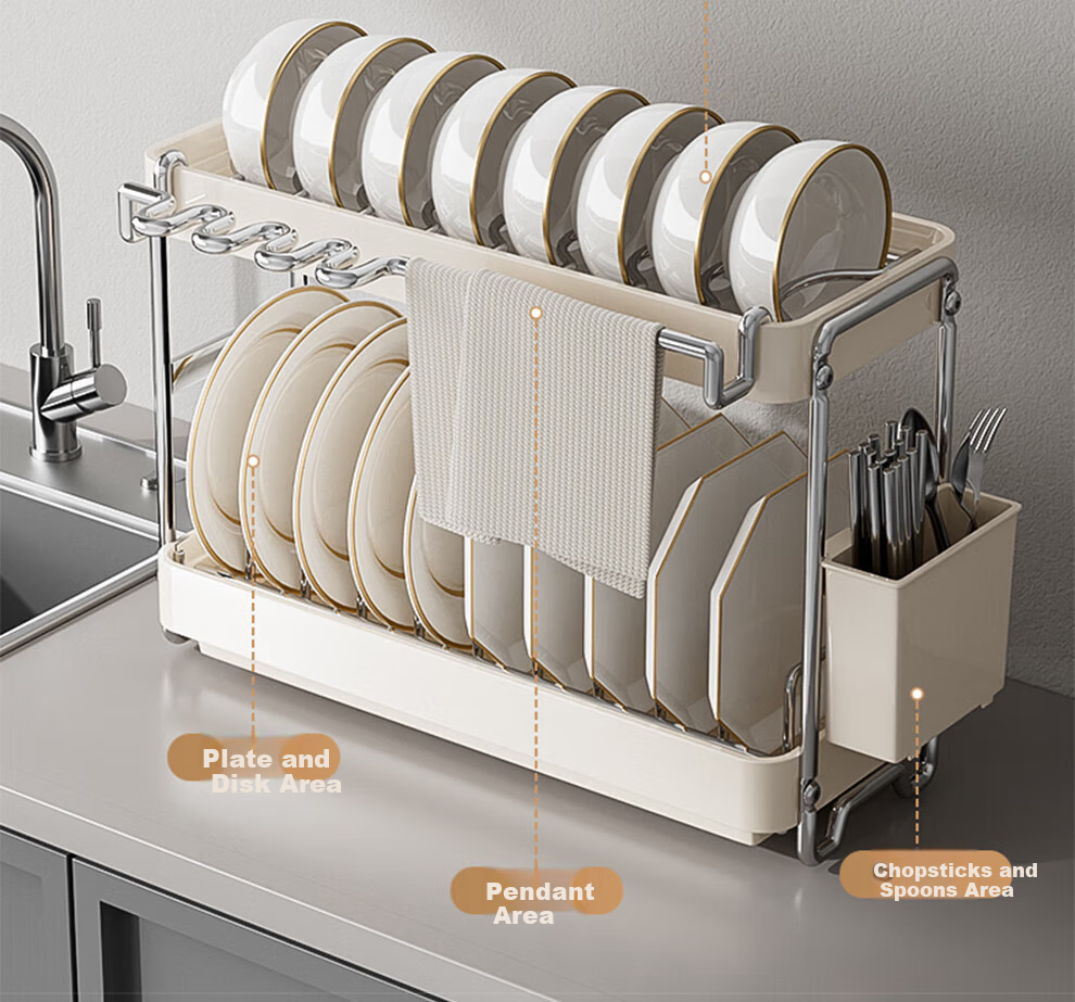 Shuashi Kitchen Dish Drainer Rack, Storage Shelf, Countertop Bowl Basket, Chopstick Organizer Box, Complete Set of Utensils And Cookware 9