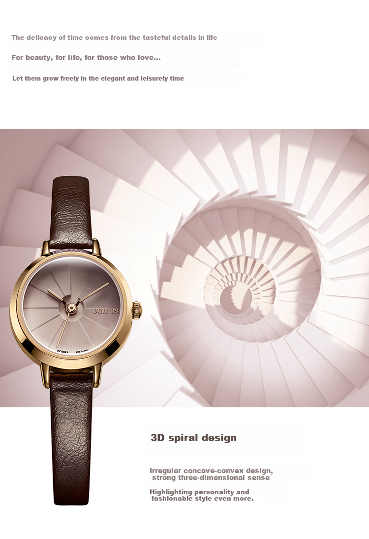 Julius Women's Watch, Korean Version, 3D Dial, Fashionable Versatile Student Waterproof Quartz Ladies Watch, Coffee Color JA-979E 6
