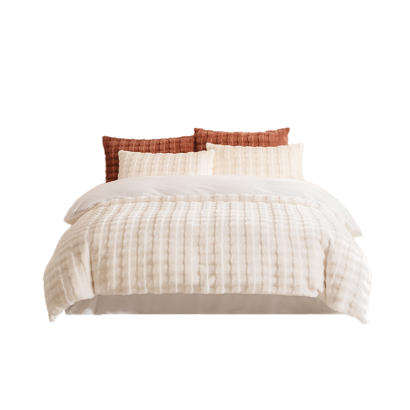 JD Original Thick Rabbit Fur-Feel Four-Piece Bedding Set, Class A Double-Sided Velvet Milk Velvet Bed Sheet, Duvet Cover, Pillowcases, Warm Autumn And Winter Bedding for Single Or Double Bed, Cream White, 1.5m Bed