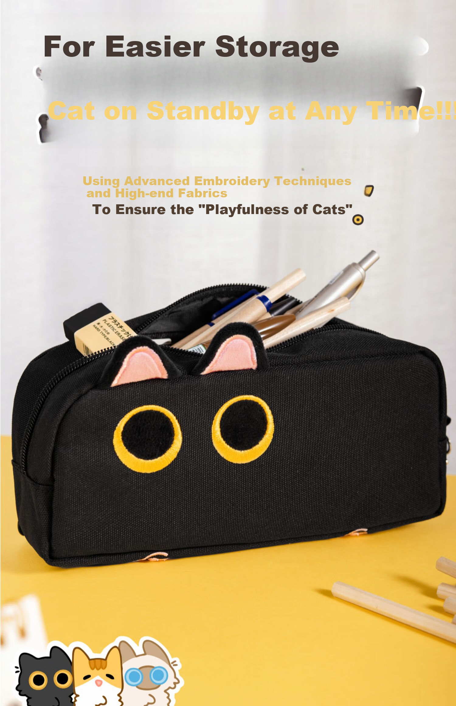 Hongdian Large Capacity Pencil Case for Middle School Girls, Stationery Pencil Box for Boys, New Style Stationery Pencil Case for College Students, Black Cat Plush Pencil Bag, Mysterious Black Cat, Back-To Season, Student Party 4