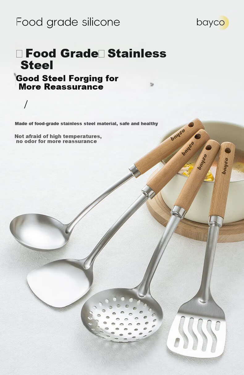 Bayco Kitchen Utensil Set of Three: Spatula, Soup Ladle, And Strainer Set, Stainless Steel Large-Sized Spoons with Long Handles, Strainer BC5569 3