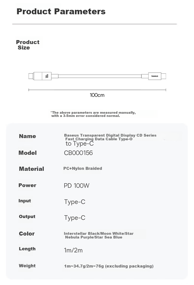 BASEUS Dual-Head Type-C Charging Cable, Digital Display PD100W Super Fast Charging Data Cable, Suitable for Huawei, Honor, Xiaomi, Apple 18/17/16/15 Phones, IPad, Laptops 11