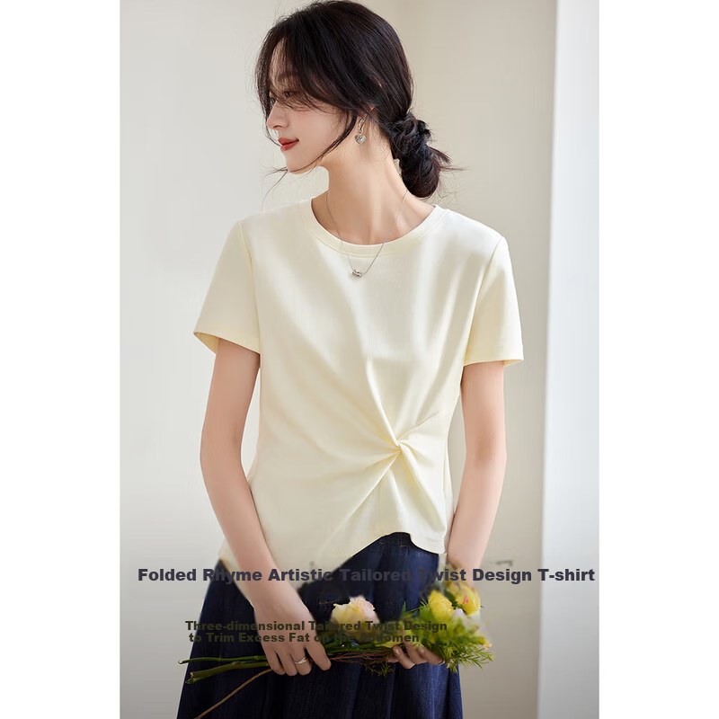 Sentubila Slim-Fit Pure Cotton T-Shirt for Women, Summer Irregular Short-Sleeve Stylish Top, Beige, Size S