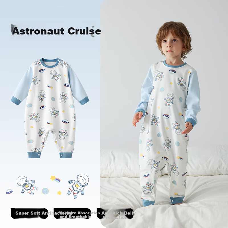 Beitaisi Children's Pajamas Spring And Autumn Style, Pure Cotton Baby Boys Long-Sleeve Belly-Protecting Loungewear, One-Piece Sleepwear with Split Legs for Girls