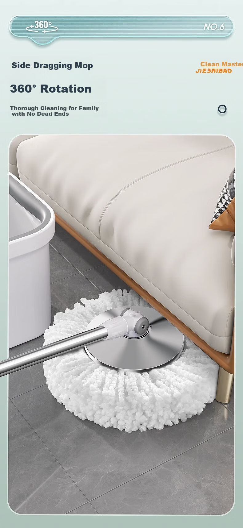 Jieshibao 42cm Rotating Mop Bucket Set with 5 Cloths, Hydraulic Rod, Hands-Free Washing, Dual-Drive Mop, Integrated Washing and Dehydration 4