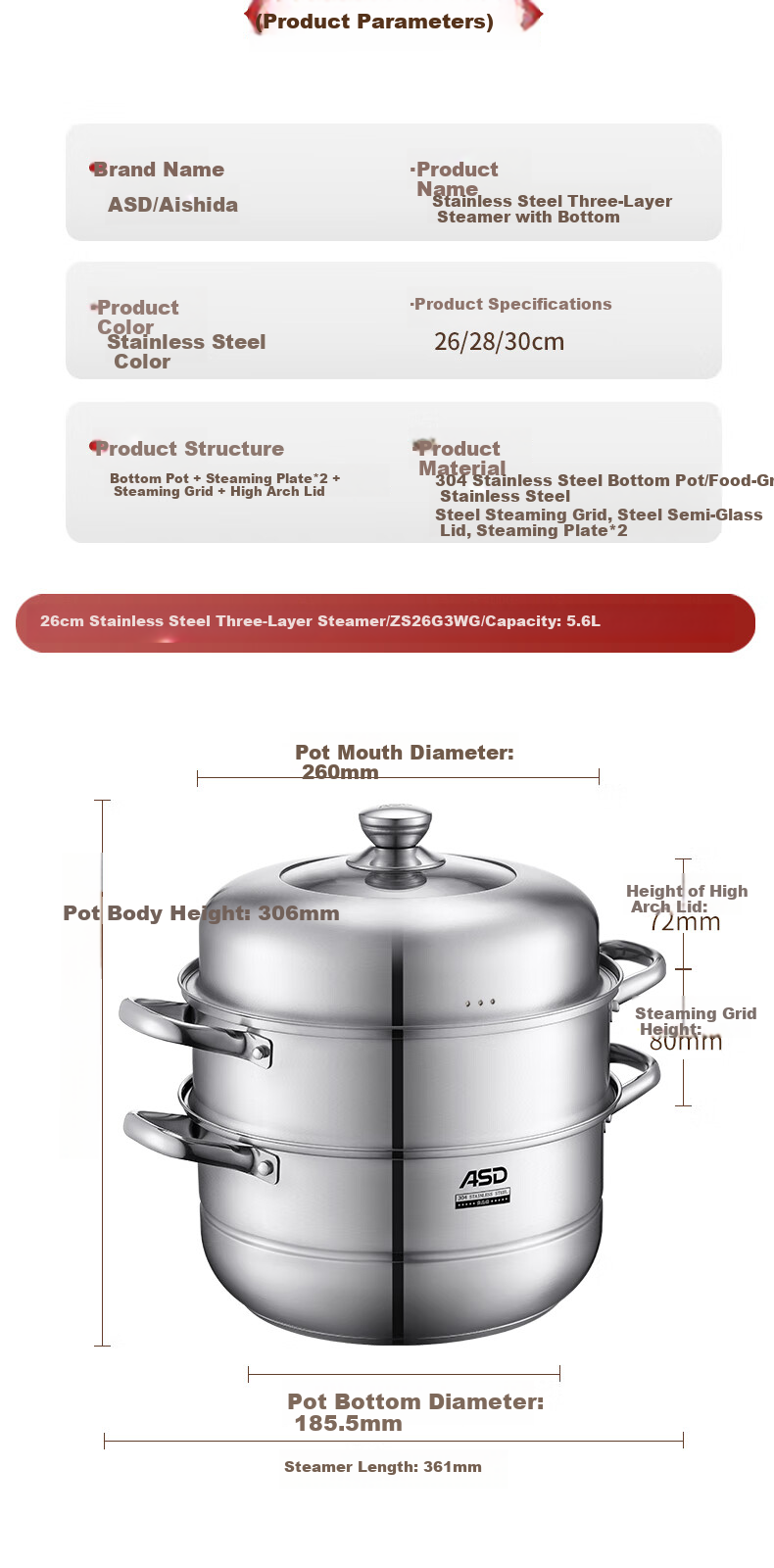 ASD Steamer Pot, 304 Stainless Steel, Three-Layer, for Home Use, Steaming And Cooking Soup Pot, Large Capacity 30CM Double-Layer Steamer, Compatible with Gas Stoves, G3 Model 19