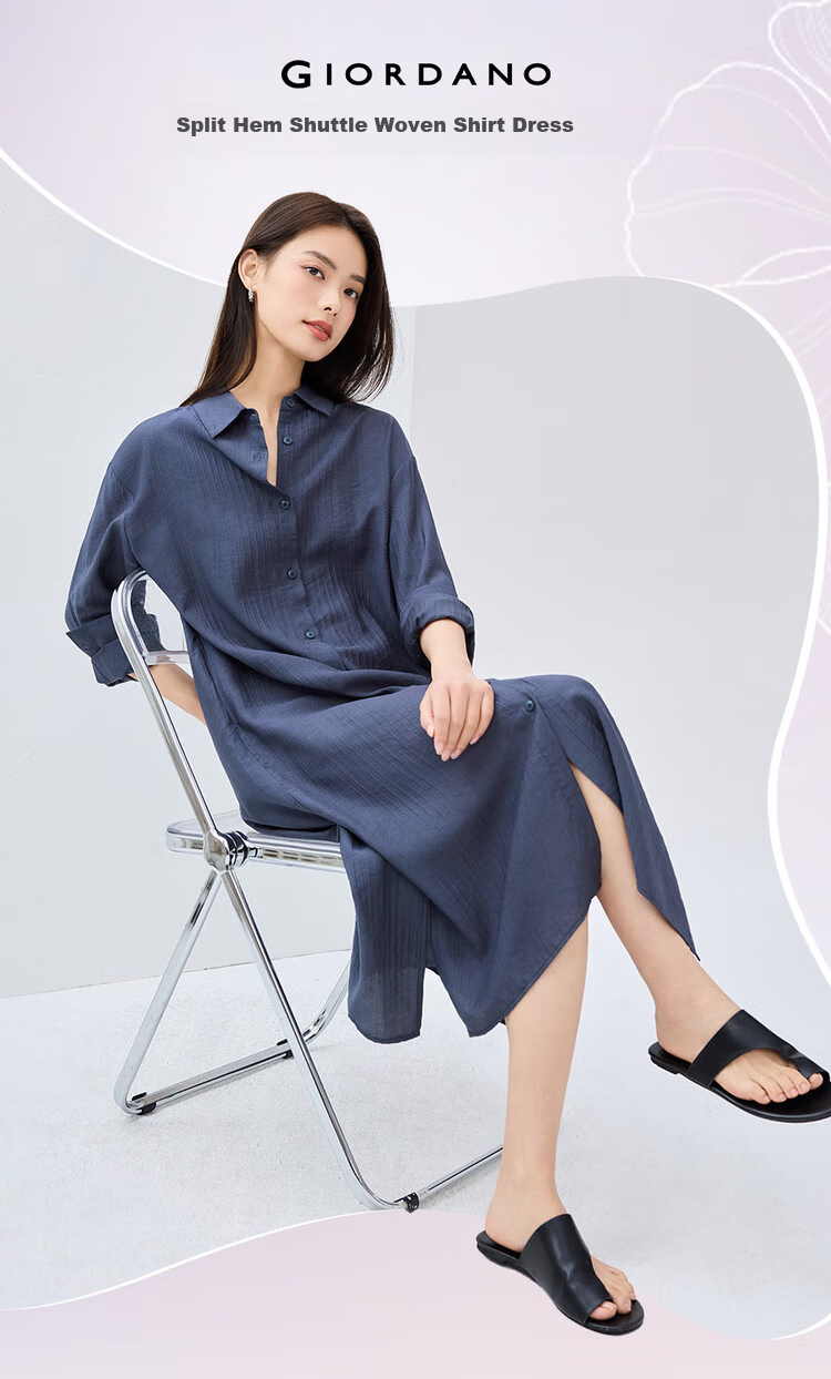 Giordano Women's Dress, 2026 Spring New Style, Side Slit with Subtle Stripes, Long-Sleeve Shirt Dress for Women, 05465070 3