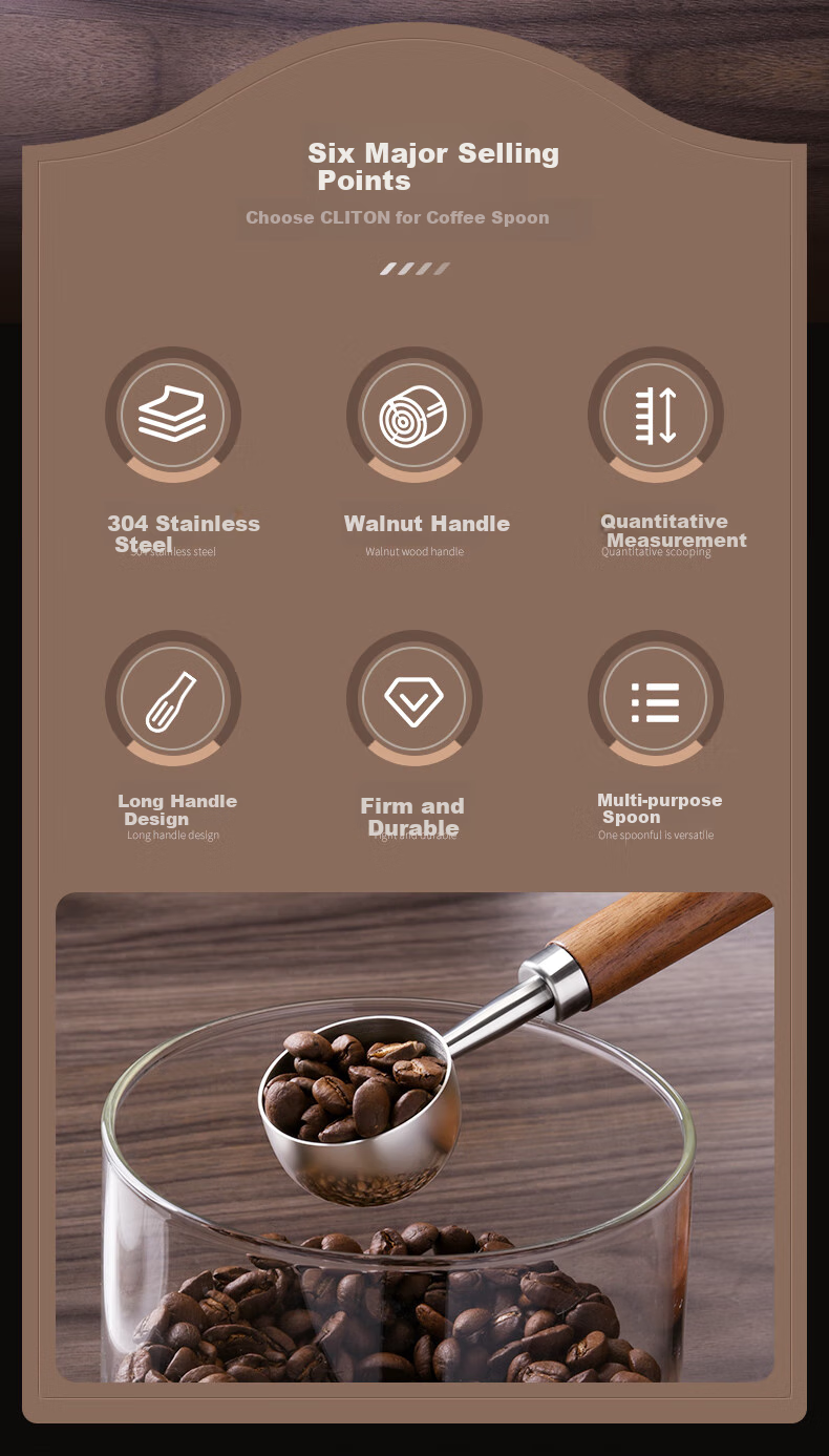 CLITON 304 Stainless Steel Coffee Spoon, Coffee Bean Measuring Scoop, Walnut Handle Coffee Powder And Milk Powder Measuring Spoon, Short Handle, 15ml 2