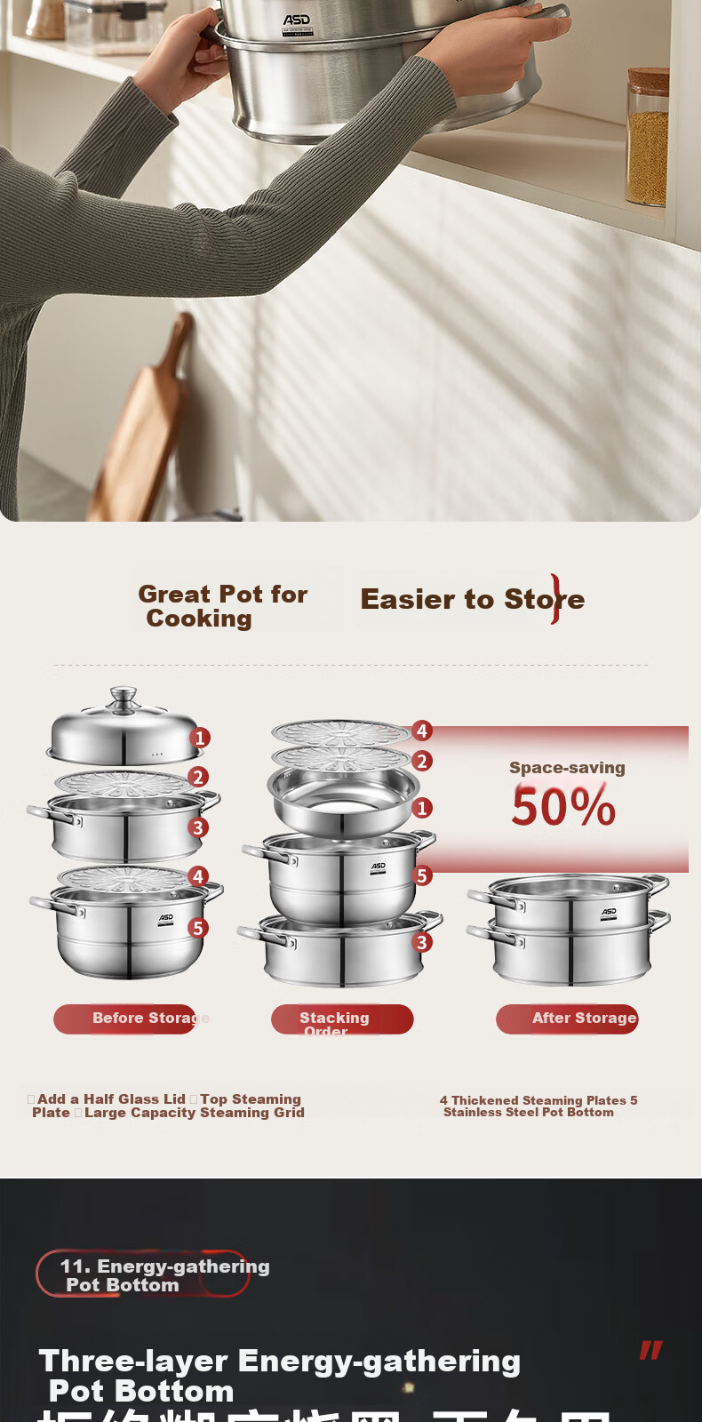 ASD Steamer Pot, 304 Stainless Steel, Three-Layer, for Home Use, Steaming And Cooking Soup Pot, Large Capacity 30CM Double-Layer Steamer, Compatible with Gas Stoves, G3 Model 16