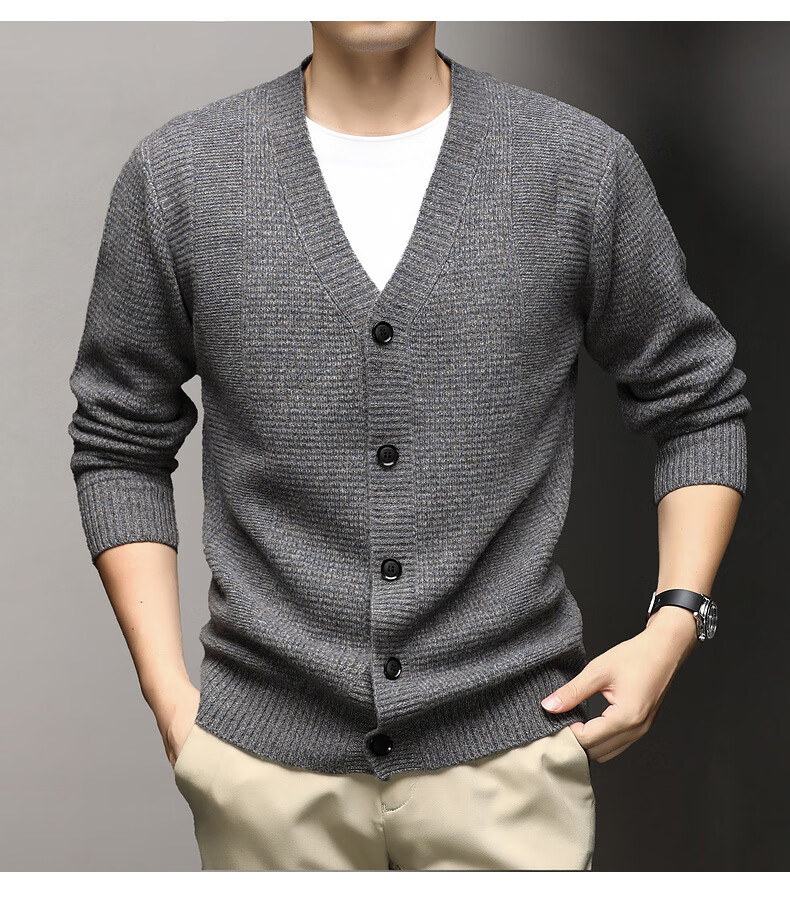 Hengyuanxiang Men's Wool Cardigan Thickened 100% Pure Wool Winter New V-Neck Warm Sweater Men's Versatile Knit Jacket 14