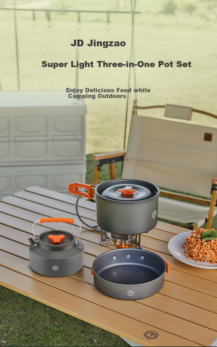 JD Original 304 Stainless Steel Kettle Cookware Set, Outdoor Camping Equipment, Portable Cooking Gear with Bag, Three-In Pot Set 2