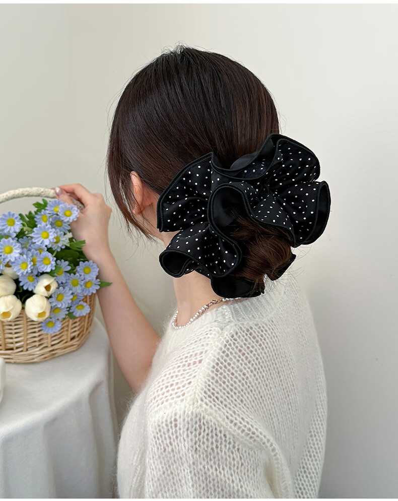 YeFeiLi Black and White Polka Dot Four-Layer Satin Large Scrunchie High-End Hair Accessory Bun Ponytail Hair Tie Elastic Band 2