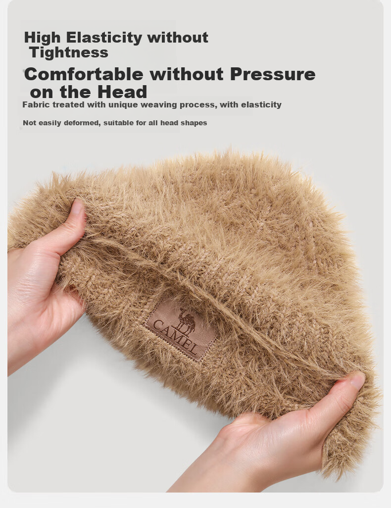 CAMEL Plush Knitted Hat for Women, Winter Cold Protection Ear-Covering Thick Warm Face-Slimming Knitted Cap 133CP15061 10
