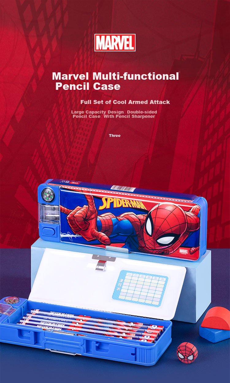 Disney Elementary School Pencil Case, Multifunctional Plastic Pencil Box with Sharpener And Compass, Graduation Gift Birthday Present Double-Sided Large Capacity Pencil Case, Spider-Ma 1