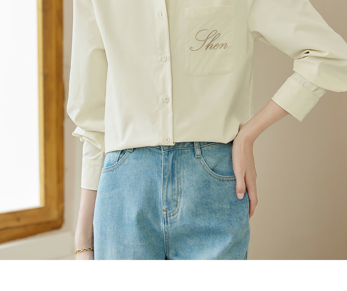 Chushen Spring And Autumn Long-Sleeve Shirt for Women, Turn-Down Collar, Embroidered Pockets, Versatile Commuter Blouse Top S143C2027 24