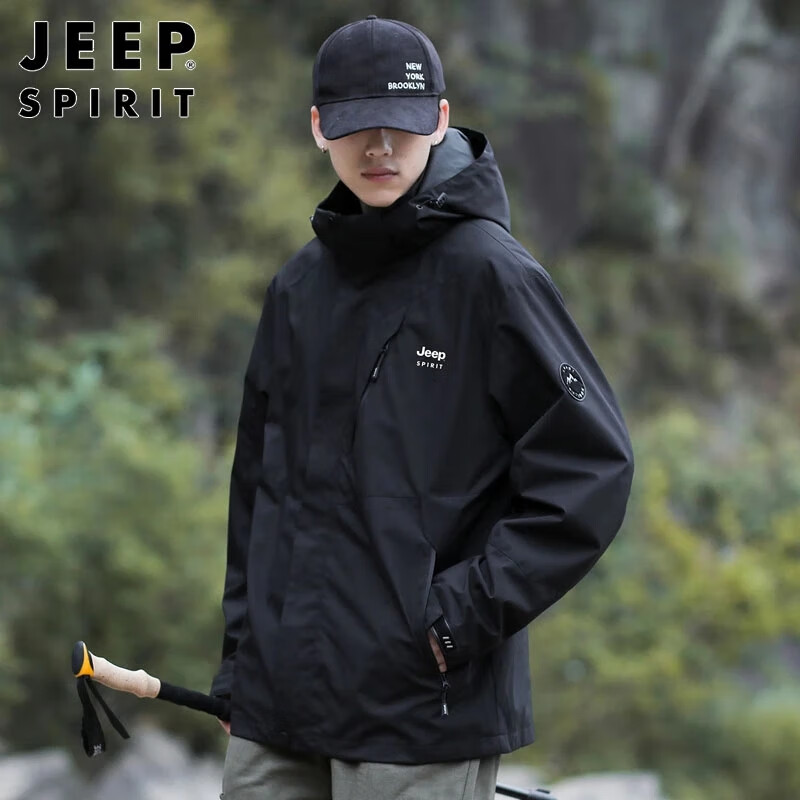 JEEP SPIRIT Men's Jeep Jacket Autumn Winter Korean Style Workwear Outdoor Jacket Black - L