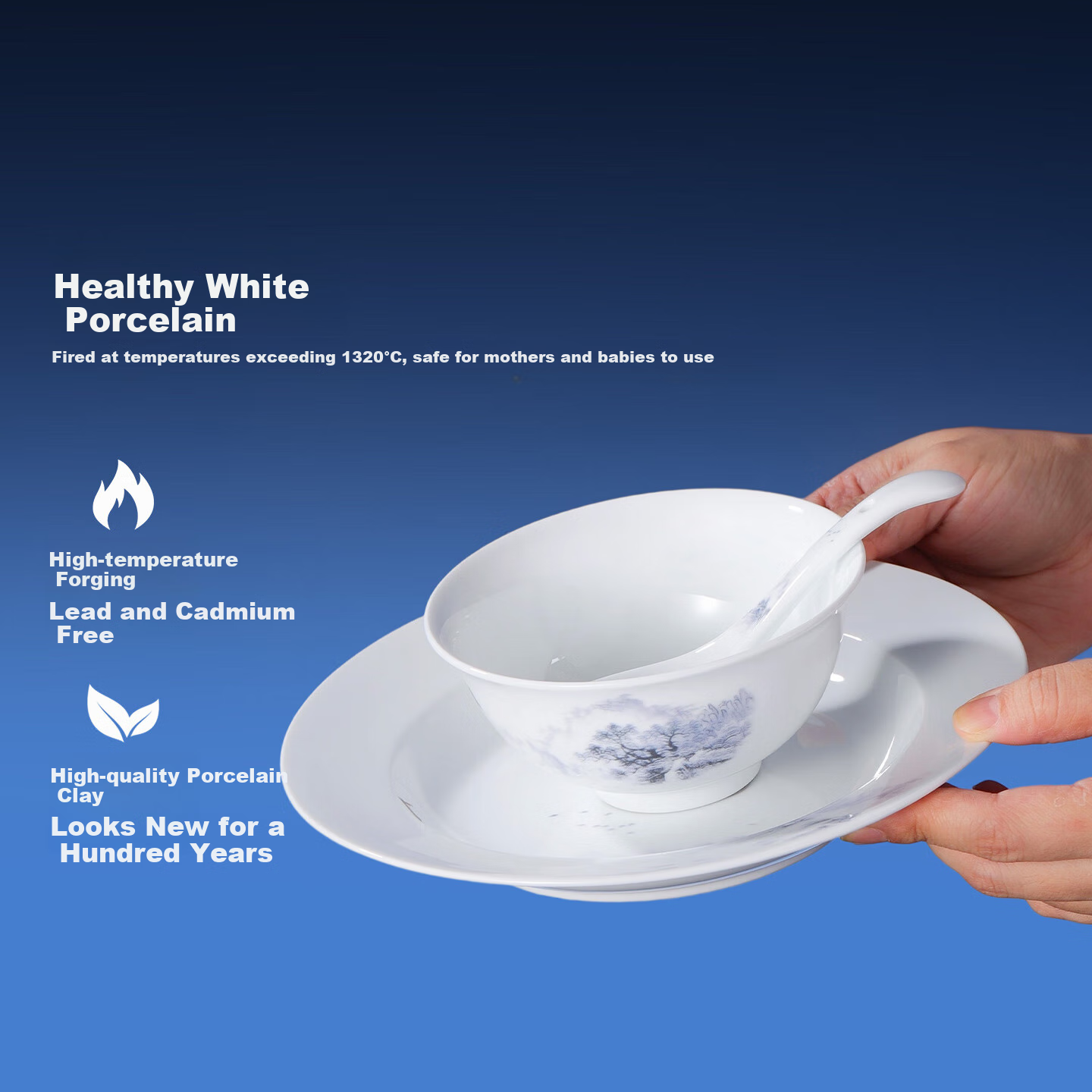 Jdz Ceramic Tableware Set, Chinese-Style Distant Mountain Design, White Porcelain Bowls And Plates Set, High-Quality Housewarming And Wedding Gift Box