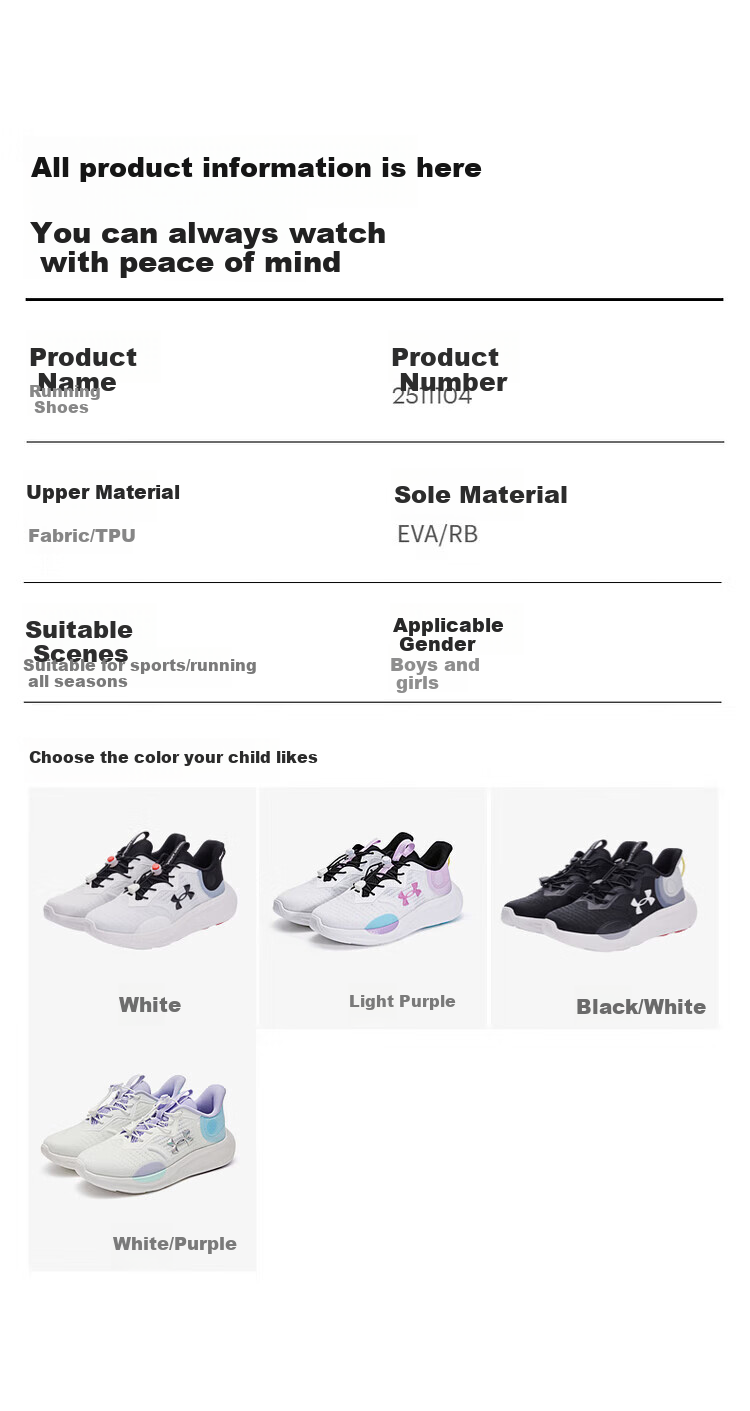 Under Armour Youth Boys and Girls Mesh Breathable High Elastic Non-Slip Strap Physical Fitness Running Shoes 2511104 Light Purple Size 39 8