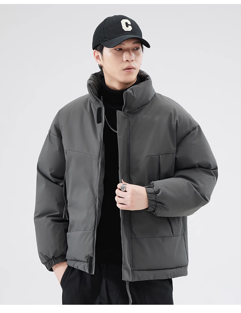 Cotton Casual Men's Winter Solid Color Stand Collar Cotton Jacket Warm Cotton Padded Coat Black 2XL 11