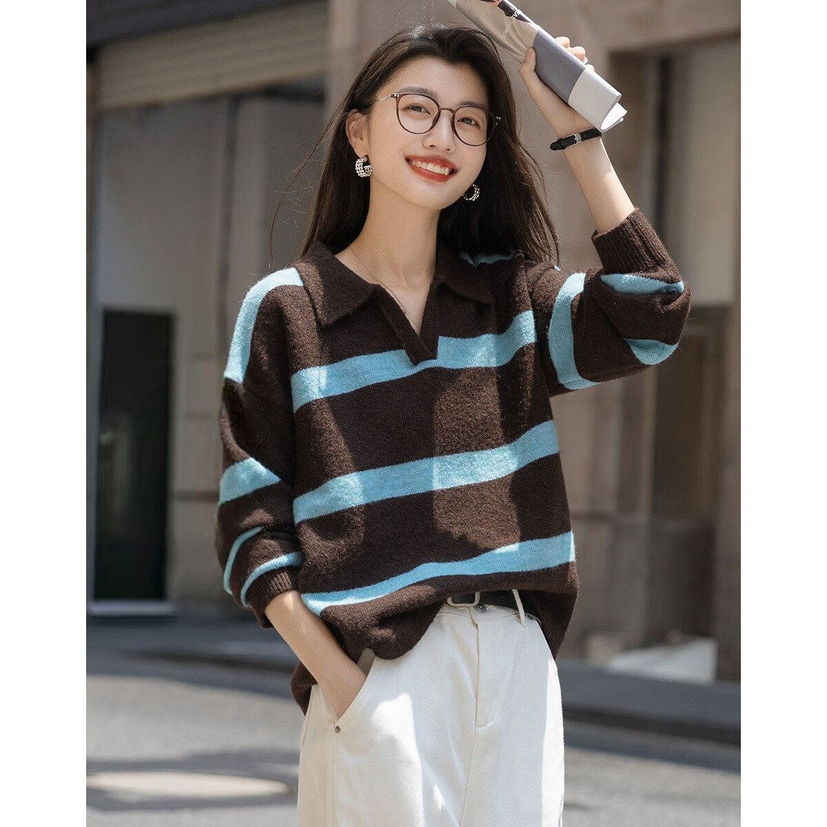 Demana Sea Salt Canelé Winter Retro Colorblock Striped Lapel Wool Blend Knit Sweater for Women
