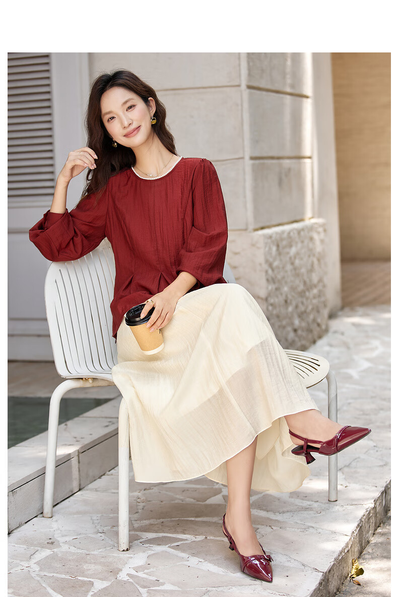 Fansiman Elegant Women's Autumn Set New Round Neck Top Waist Slimming Skirt Two-Piece Set Red Apricot Color S 13