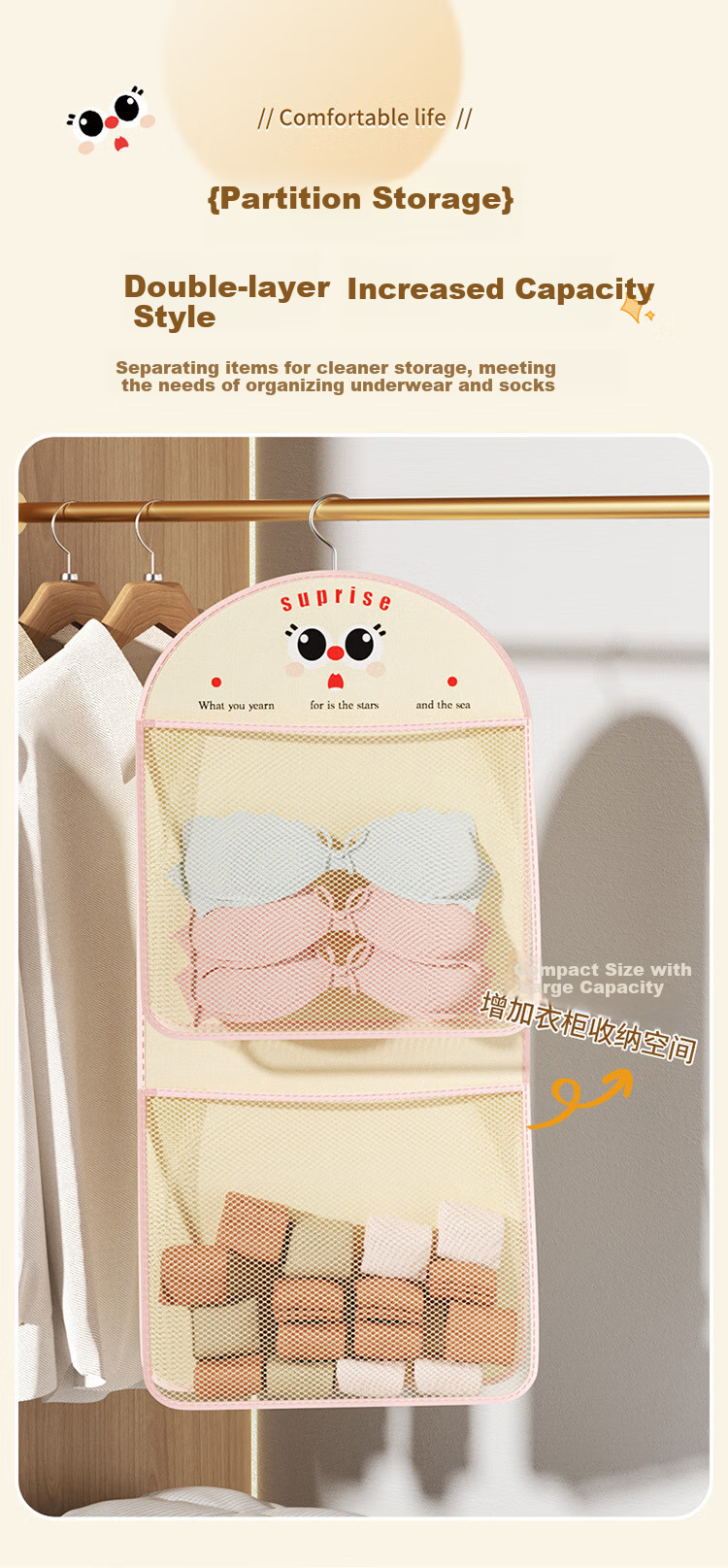 Fanyejia Wardrobe Underwear Storage Hanging Organizer, Double-Sided Wall-Mounted Storage Bag, Student Dorm Underwear Bra Sock Organizer 5