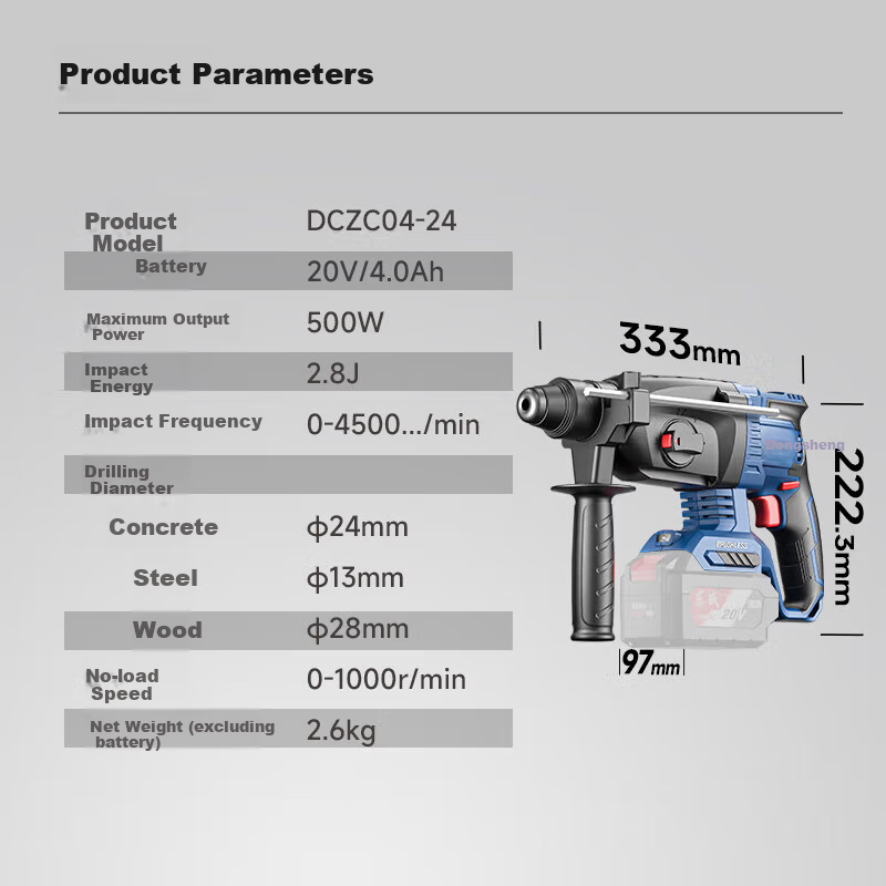 Dongcheng 20V Rechargeable Brushless Three-In Lithium-Ion Hammer Drill, Electric Pick, Impact Drill, Concrete Drill DCZC04-24H2M 12