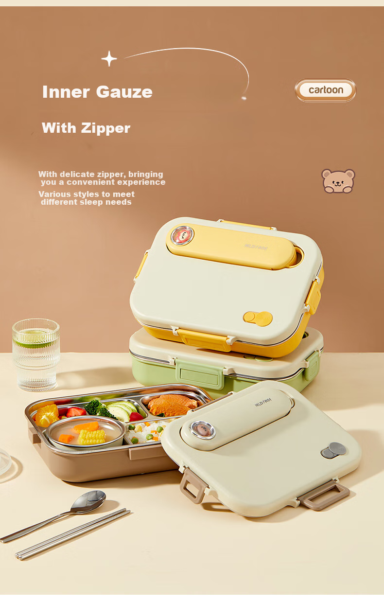 WORTHBUY 304 Stainless Steel Lunch Box for Office Workers, Meal Container with Compartments for Students' Cafeteria, Rice Serving Tray, Beige with 5 Compartments + Bag 3