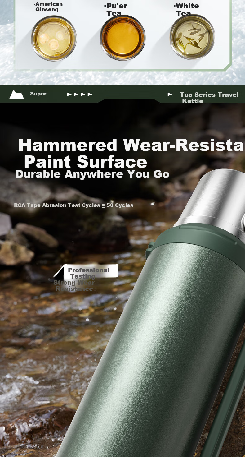 SUPOR Insulated Bottle, 316L Stainless Steel, Large Capacity Thermos, Car Water Bottle, Outdoor Travel Flask, Hot Water Bottle, 2.0L, Gree 8