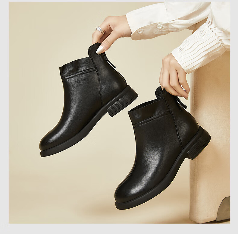 Fugui Bird Genuine Sheepskin Leather Ankle Boots Women Autumn Winter Fleece Lined Warm Fashion Boots Round Toe Chunky Heel Black Fleece Lined Size 37 2