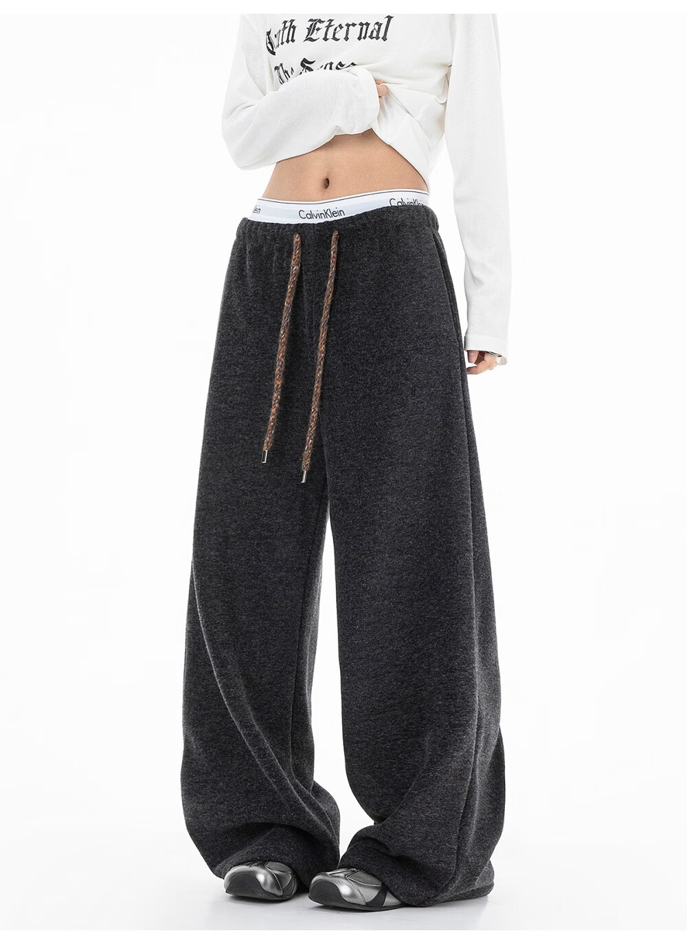 ICH MODE Women's American Style Fleece-Lined Casual Loose Fit Lazy Straight Wide-Leg Sports Pants Thickened Sweatpants Glutinous Rice Color XL 8