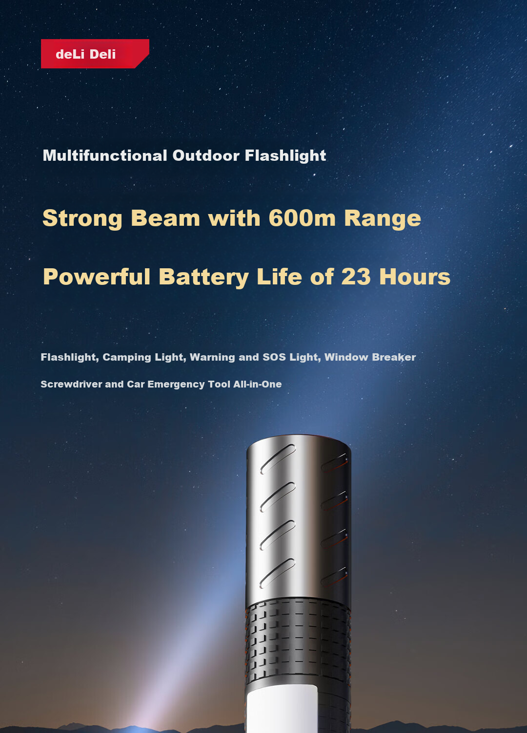 Deli Multi-Functional Window Breaker Flashlight, Long-Lasting Portable Outdoor Car Emergency Camping Lighting, Bulk Head for Home Repair 1
