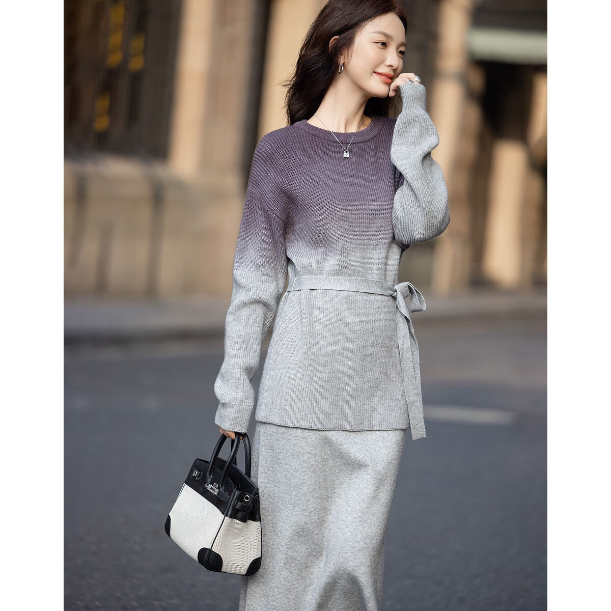 Demana Tie-Dye Gradient Set Winter Soft Fuzzy Yarn Waist-Cinching Top Elastic Waist Tie Skirt Two-Piece Set for Women