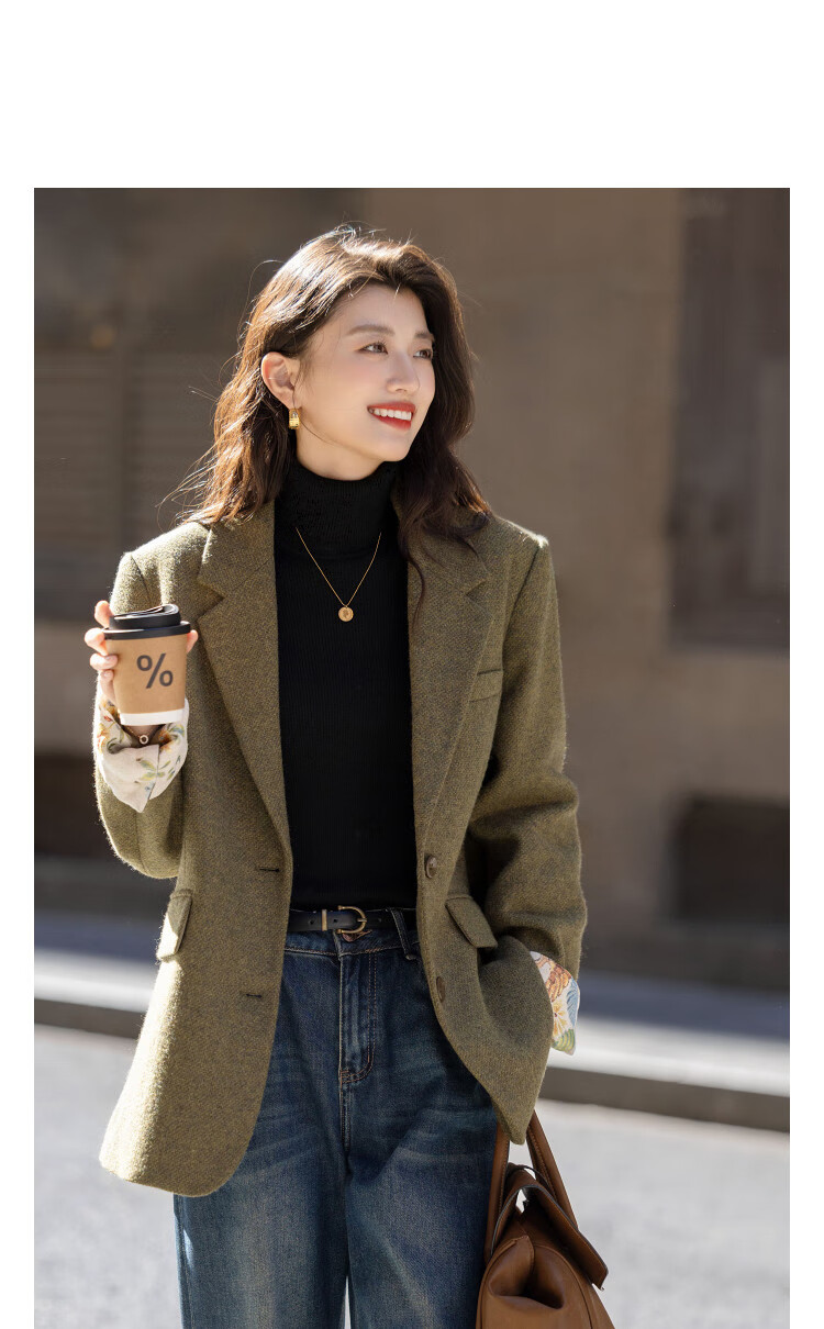 Dme Fluffy Wool Blend Winter Elegant Notched Lapel Tweed Patchwork Sleeve Women's Blazer Jacket 1