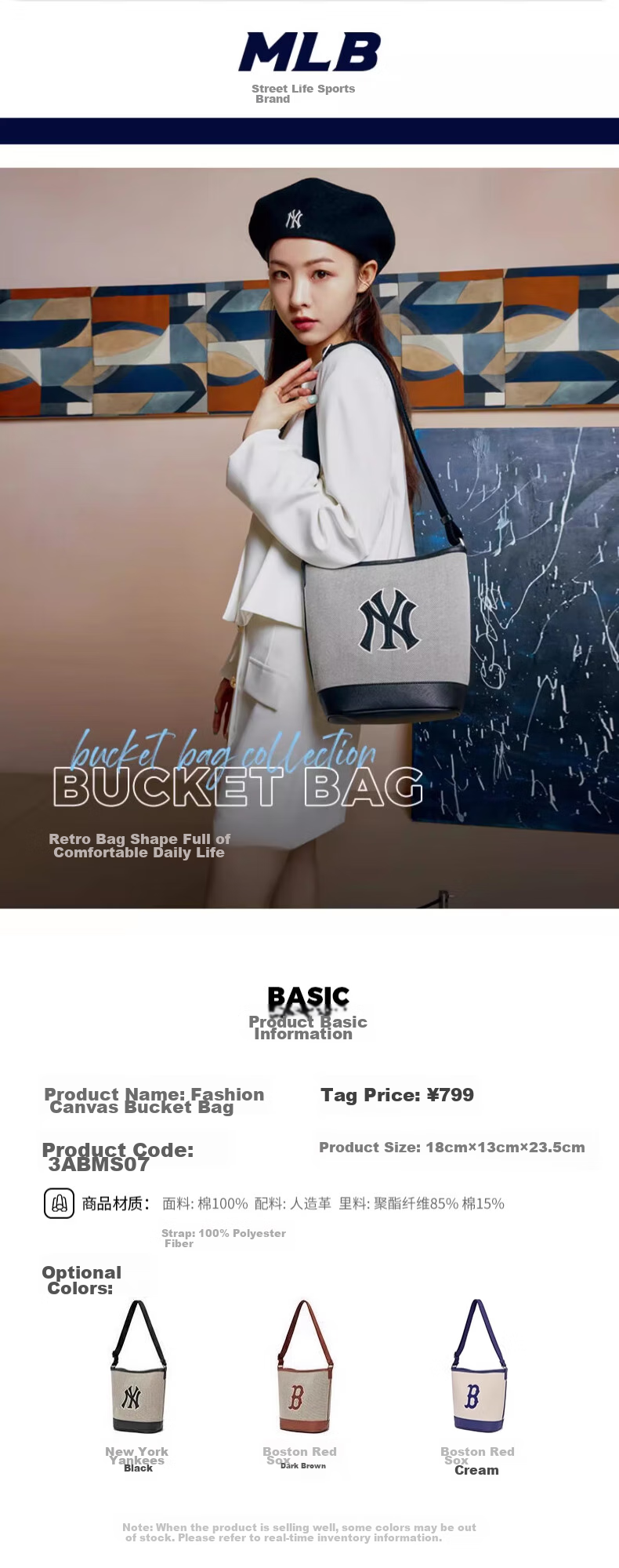 MLB Handbag, Women's Bucket Bag, Crossbody Bag, Shoulder Bag, Tote Bag, Travel Bag, Sports Bag, 3ABMS072N-50BKS 1