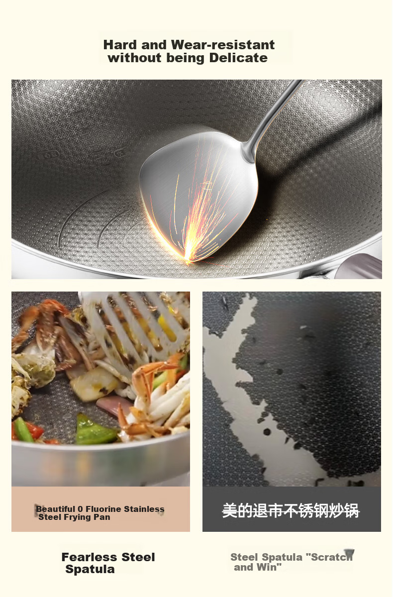 Midea Non-Stick Wok, Stir-Fry Pan, Induction Cooker Compatible, 304 Stainless Steel Pot, Gas Stove Ceramic Pan, Zero Fluorine Snowflake Non-Stick Core 16