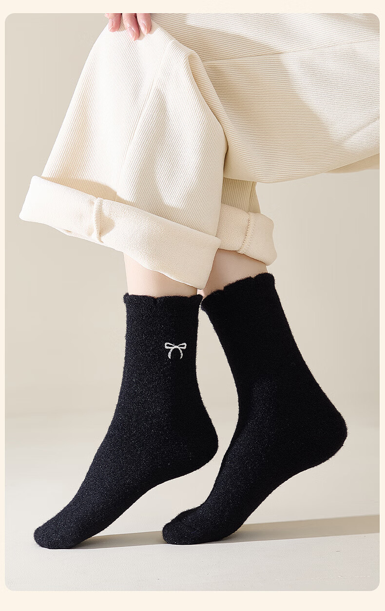 Eve's Elegance Women's Mid-Calf Autumn Winter Thickened Australian Wool Warm Socks with Lace and Bowknot, 4 Pairs Home Sleep Socks 13