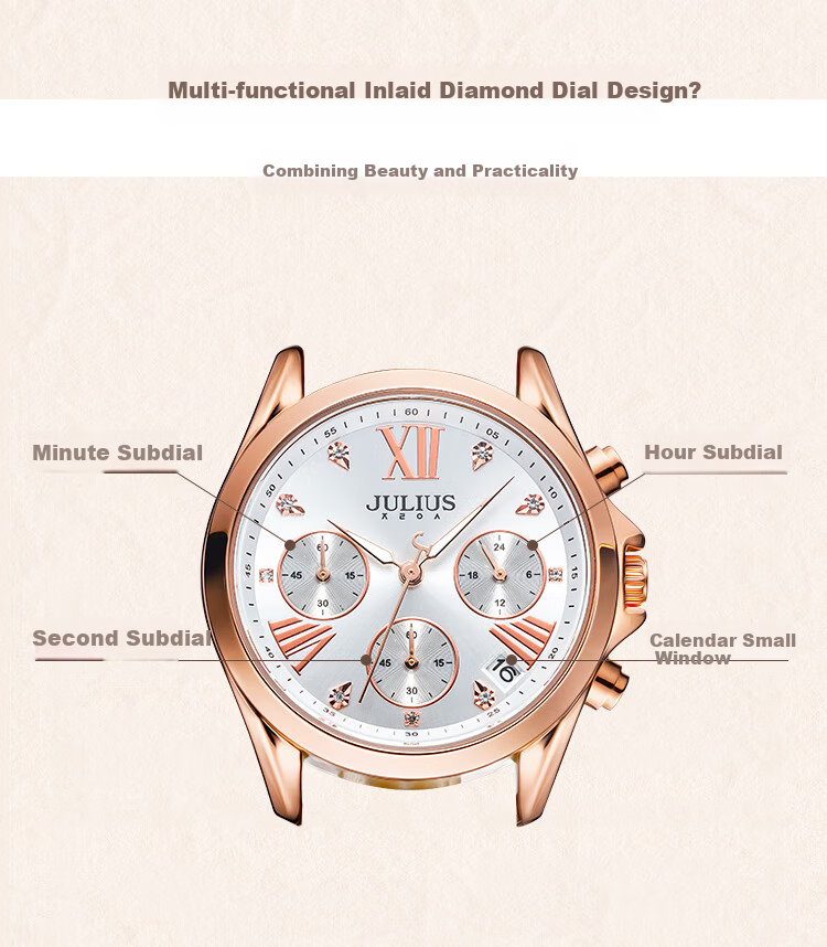 Julius Women's Watch with Calendar, Multifunctional Elegant Diamond-Studded Quartz Watch, Waterproof Ladies' Wristwatch, Brown JA-1482C 5