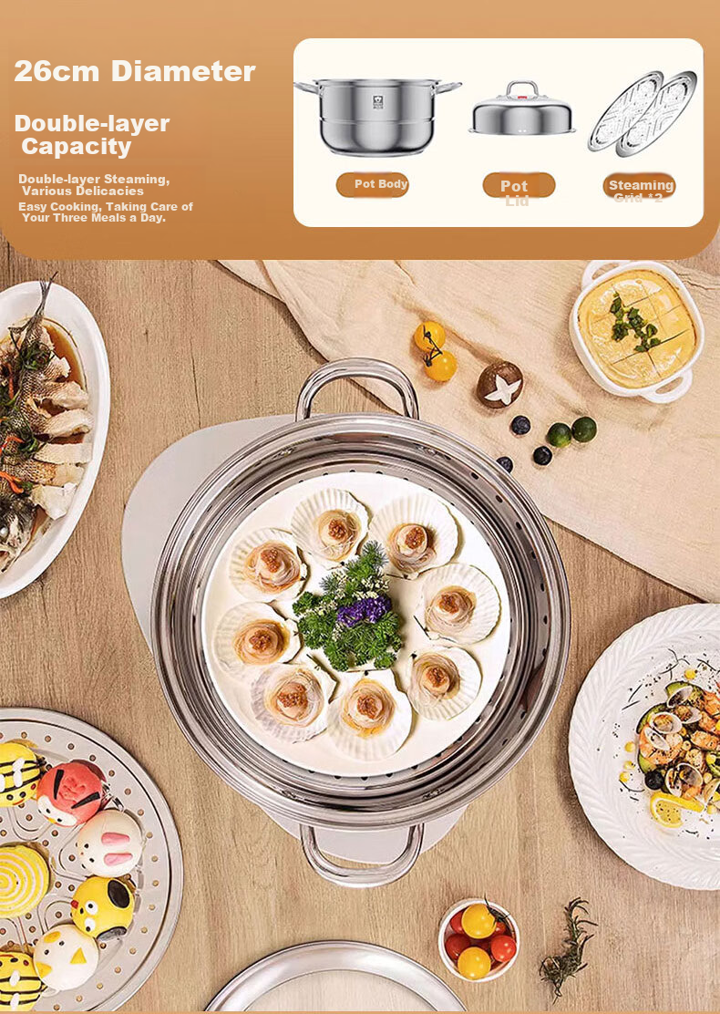 KBH Stainless Steel Steamer Pot, Large Capacity Composite Bottom Soup Pot, Dual-Use Steaming And Cooking Pot, Three-Layer High Lid, 30cm 6