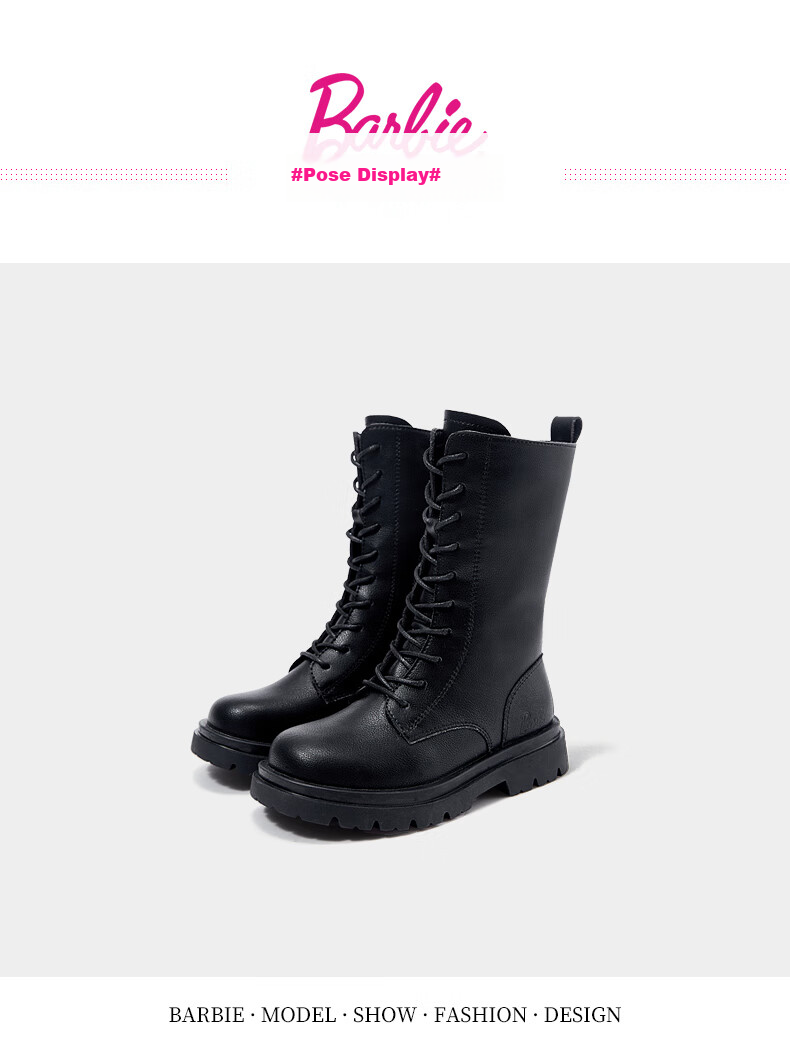 Barbie Children's Shoes, Girls' Spring And Autumn Martin Boots, Single-Lined Mid-Calf Leather Boots, Versatile Black Boots for Kids, DA6567 Black, Size 37 12