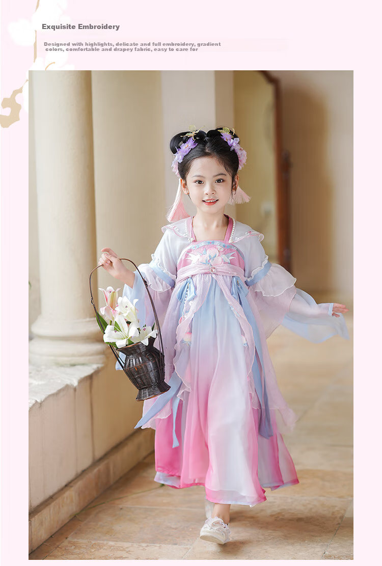 Qibo Hanfu Girls' Spring And Autumn New Style Children's Ancient-Style Ethereal Dress, Chitu (Without Tassel Accessories), Size 150 7